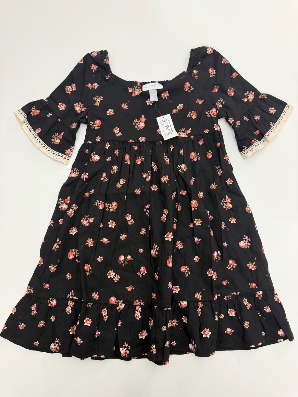The Children's Place Girls 8 Black Pink Floral Fit & Flare Knee Dress